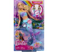 Barbie Poupée Barbie Sirène Fleur Magique blonde avec éclosion de fleurs surprise, queues en dégradé de couleurs, serre-tête perlé et longs cheveux blonds avec mèches roses