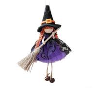 Poupée de sorcière d'Halloween avec balai, conçue pour une décoration à suspendre pour créer une ambiance mystique et festive à l'intérieur (violet)
