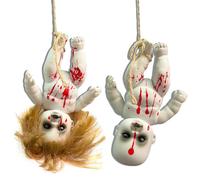 Poupée effrayante d'Halloween, 2 poupées hantées sanglantes effrayantes avec corde, poupée zombie suspendue garçon et fille, poupées d'horreur pour fête 'Halloween, accessoires de maison hantée.