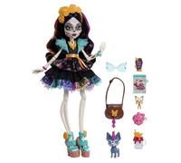 Monster High Poupée Skelita Calaveras robe papel picado, chien Candelita, 7 accessoires JHK34