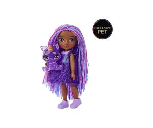 Poupée mannequin Rainbow High Littles Indigo 15 cm cheveux violet rose, robe amovible violet foncé, sneakers violet clair et animal de compagnie violet