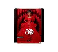 Barbie Poupée Barbie Spécial 80ème Anniversaire de Mattel Poupée emblématique à collectionner dans une robe en tulle rouge pailletée avec pendants d’oreilles et gants transparents, brune, JBJ18