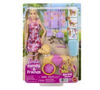 Barbie Coffret Chiot Promenade et Besoins avec chien qui se promène et fait ses besoins, une poupée Barbie “Malibu”, une pelle et des accessoires pour animaux, JJB46