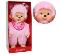 Sekiguchi Monchhichi 242405 Peluche Originale pour Fille, en Peluche Rose, avec Bavoir et Tresses avec Fleurs, env. 45 cm