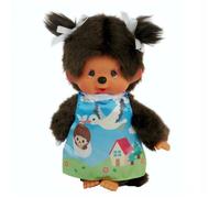 Sekiguchi Monchhichi 243891 Peluche Originale pour Fille, avec Robe Cigogne et Tresses avec nœuds, env. 20 cm, en Peluche Marron, Marron