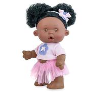 Poupée Nenote Marine et PAU - 26 cm - Vinyle Articulé - Jupe Rose, T-shirt avec Fleur Lilas et Nœud - Cheveux Afro avec Double Chignon - Fabriqué en Espagne