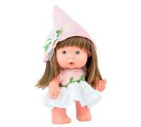 Poupée Nenote Marine et PAU - 26 cm - Vinyle Articulé - Robe Rose avec Feuilles Vertes et Chapeau de Fée - Fabriqué en Espagne - Poupée Réaliste à Collectionner