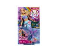 Barbie Poupée Barbie Sirène Fleur Magique blonde avec éclosion de fleurs surprise, queues en dégradé de couleurs, serre-tête perlé et longs cheveux blonds avec mèches roses