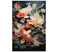 pour Adulte, Puzzle en Bois de 1000 pièces, pour Koi sautant dans Un ruisseau de Jardin de pavillon loft rétro, Art de Style National (d ; 1000)