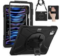 Pour Coque Ipad Pro 11 2022/2021/2020/2018, 4ème/3ème/2ème/1ème Génération, Étui De Robuste Avec Film Protection, Support Rotatif À 360°Et Dragonne, Bandoulière, Porte-Stylet, Noir