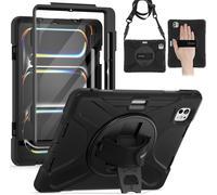 Pour Coque Ipad Pro 11 Pouces M4 5eme Génération 2024, Étui De Robuste Avec Film Protection, Support Rotatif À 360°Et Dragonne, Bandoulière, Porte-Stylet, Noir