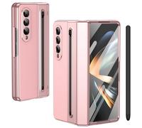 pour Galaxy Z Fold4 Étui avec Stylet et Emplacement pour Stylet, Protecteur d'écran trempé + Protection de charnière Housse en Cuir pour Samsung Galaxy Z Fold4-Rose