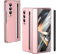 pour Galaxy Z Fold4 Étui avec Stylet et Emplacement pour Stylet, Protecteur d'écran trempé + Protection de charnière Housse en Cuir pour Samsung Galaxy Z Fold4-Rose