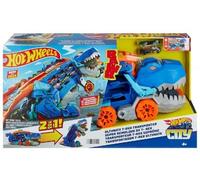 pour Hot Wheels - Transporteur geant t Rex 2 en 1 : Camion et Dino Piste de Course - Sons et lumières - Set Jouet véhicules avec Carte Tigre