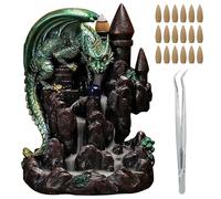 Pour la décoration de la maison et la relaxation, motif dragon et château en résine, brûleur d'encens à refoulement de dragon, porte-encens cascade de montagne, 60 cônes en bois de santal plus pince à