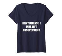 pour ma défense, J'Ai été laissé sans Surveillance T-Shirt avec Col en V, Femme, Bleu Marine, XL