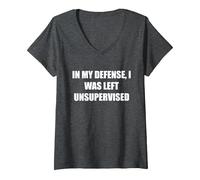pour ma défense, J'Ai été laissé sans Surveillance T-Shirt avec Col en V, Femme, Chiné Foncé, XL
