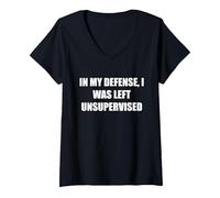 pour ma défense, J'Ai été laissé sans Surveillance T-Shirt avec Col en V, Femme, Noir, XL