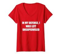 pour ma défense, J'Ai été laissé sans Surveillance T-Shirt avec Col en V, Femme, Rouge, XL