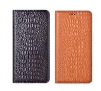 pour Redmi 12 Coque, Crocodile Texture Cuir Véritable Flip Protection Étui, pour Xiaomi Redmi 12 Étui, avec Fente pour Carte Support Housse Case - Marron