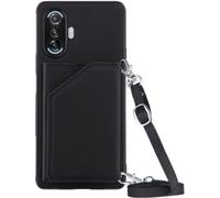 Pour Redmi K40 Gaming Edition Coque - Bandoulière Étui Portefeuille Carte Fentes Arrière Poche Antichoc Pare-Chocs Métal Bouton Peau Coquille Protect For Redmi K40 Gaming Edition Chs -Black