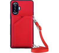 Pour Redmi K40 Gaming Edition Coque - Bandoulière Étui Portefeuille Carte Fentes Arrière Poche Antichoc Pare-Chocs Métal Bouton Peau Coquille Protect For Redmi K40 Gaming Edition Chs -Red