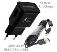 Pour Samsung Galaxy NOTE 9 : Chargeur Rapide USB Original 2A + Câble Long Noir Univ