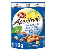 Pour un apéritif gourmand et sans culpabilité, découvrez APERIFRUITS VICO Sweet Chouchous noix de coco, pomme, raisins, amandes, sachet refermable de 110g - Lot de 4
