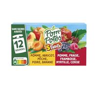 Pour un goûter pratique et sans sucres ajoutés avec POM'POTES Compote 5 Fruits Pomme Abricot Pêche Poire Banane Fraise Myrtille Cerise, Lot de 12 gourdes de 90g - Lot de 3