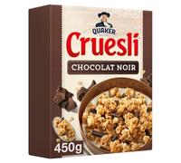 Pour un petit-déjeuner gourmand et rapide avec QUAKER Cruesli Chocolat Noir, céréales croustillantes à l'avoine complète et éclats de chocolat noir 65% cacao, format familial 450g - Lot de 3