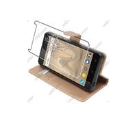 pour Wiko Sunny 2 Plus - Housse Portefeuille Coque Etui Folio Simili Cuir avec Film protection écran en VERRE Trempé, Couleur Dorato [Dimensions