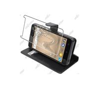 pour Wiko Sunny 2 Plus - Housse Portefeuille Coque Etui Folio Simili Cuir avec Film protection écran en VERRE Trempé, Couleur Nero [Dimensions