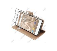 pour Wiko Tommy 2 Plus - Housse Portefeuille Coque Etui Folio Simili Cuir avec Film protection écran en VERRE Trempé, Couleur Dorato [Dimensions