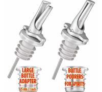 Poura Verseur de Boissons alcoolisées - Verseur d'alcool breveté - Verseur de vin et d'huile - Doseur de Bouteille précis - Convient à la Plupart des Bouteilles - Argent - 2 avec adaptateurs