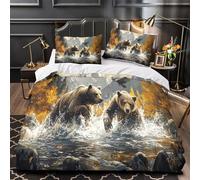 Poursuite de la rivière Bear 3D Imprimé Housse de couette 3 pièces Microfibre anti-tache scène de montagne avec faune sauvage Drap de couette 2 taies hypoallergénique garçons enfants King（220x240cm）