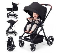 Poussette 2 en 1 Compacte Pliable, Poussette Bébé Naissance 0-3 Ans, Dossier Inclinable, Landau Réversible Face Parents, Poussette Voyage Cabine Légère Tout Terrain, Stroller Citadine, Noir