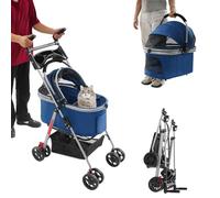 Poussette 2 en 1 pour chien avec poignée réversible, sac de transport, pliable pour chat, jusqu'à 12 kg, avec fenêtre en filet, panier de rangement, pour petits chiens et chats (bleu foncé)
