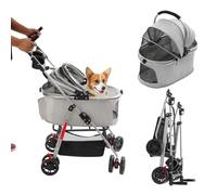 Poussette 2 en 1 pour chien avec poignée réversible, sac de transport, pliable pour chat, jusqu'à 12 kg, avec fenêtre en filet, panier de rangement, pour petits chiens et chats (gris)