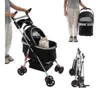 Poussette 2 en 1 pour chien avec poignée réversible, sac de transport, pliable pour chat, jusqu'à 12 kg, avec fenêtre en filet, panier de rangement, pour petits chiens et chats (noir)