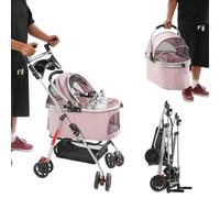 Poussette 2 en 1 pour chien avec poignée réversible, sac de transport, pliable pour chat, jusqu'à 12 kg, avec fenêtre en filet, panier de rangement, pour petits chiens et chats (rose)
