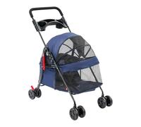 Poussette 2 en 1 pour chien jusqu'à 20 kg, 4 paires de roues doubles à 360° | Cage pour chien et chat avec porte-gobelet, pliable, pour chiens et chats de petite/moyenne taille, bleu marine