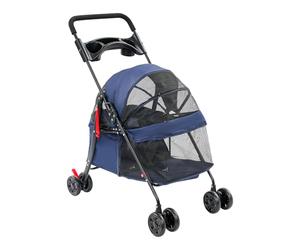 Poussette 2 en 1 pour chien jusqu'à 20 kg, 4 paires de roues doubles à 360° | Cage pour chien et chat avec porte-gobelet, pliable, pour chiens et chats de petite/moyenne taille, bleu marine