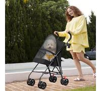 Poussette 2 en 1 pour petit chien et chat, poussette pliable, 4 roues, maille respirante, facile à transporter,Cadre en acier au carbone + tissus Oxford 300D,Noir