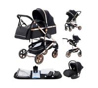 Poussette 3 en 1 Bébé Combinée Siège-Auto Nacelle Réversible Réglable Haute Qualité Roues increvables Canne noir et or
