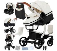 Poussette 3 en 1 Bébé Combinée Siège-Auto Nacelle Trio Réversible cuir pu Roues increvables Canne.blanc