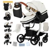 Poussette 3 en 1 Bébé Combinée Siège-Auto Nacelle Trio Réversible cuir pu Roues increvables Canne.BLANC