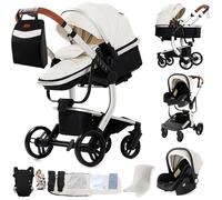 Poussette 3 en 1 Bébé Combinée Siège-Auto Nacelle Trio Réversible cuir pu Roues increvables Canne. BLANC