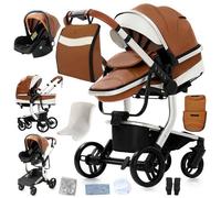 Poussette 3 en 1 Bébé Combinée Siège-Auto Nacelle Trio Réversible cuir pu Roues increvables Canne. MARRON