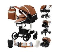Poussette 3 en 1 Bébé Combinée Siège-Auto Nacelle Trio Réversible cuir pu Roues increvables Canne. MARRON