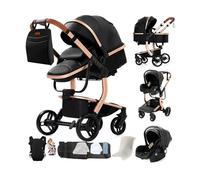 Poussette 3 en 1 Bébé Combinée Siège-Auto Nacelle Trio Réversible cuir pu Roues increvables Canne. NOIR